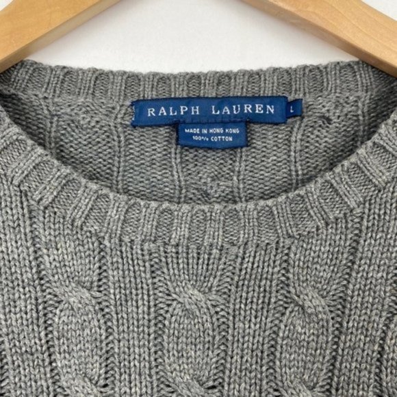 Ralph Lauren Cable Knit Sweater Gray & Purple Classic Preppy Cotton Large - Picture 3 of 13
